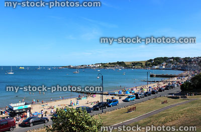 Stock image of sandy beach and sea, seaside resort of Swanage