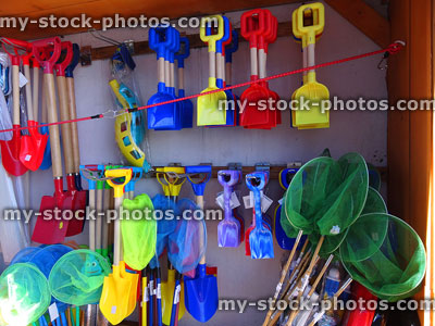Stock image of seaside gift shop selling plastic buckets and spades