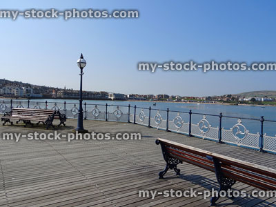 Stock image of seaside beach town of Swanage from wooden pier