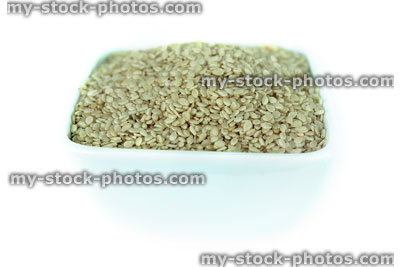 Stock image of sesame seeds in white dish, health benefits, healthy eating