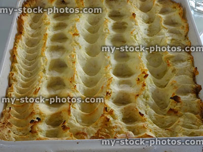 Stock image of golden mashed potato forked pattern on cottage-pie / shepherd's-pie