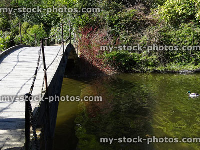 Stock image of arching bridge over river, anti slip grip strips on decking