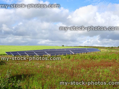 Stock image of photovoltaic (PV) panels rows in a solar field<br />
