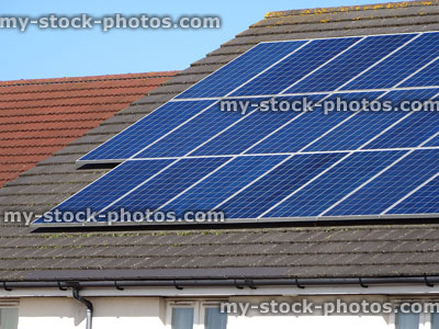 Stock image of solar power / panels in sunshine, green renewable energy