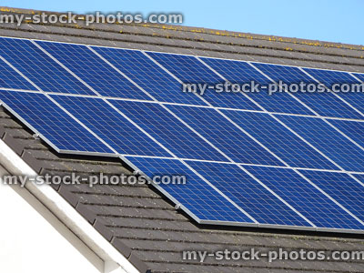 Stock image of new solar panels in sun collecting energy, solar power cells