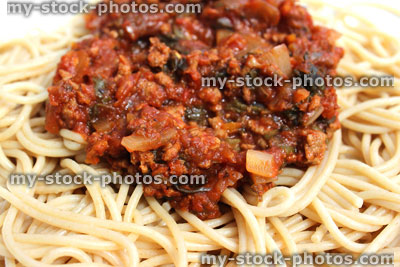 Stock image of spaghetti bolognese, traditional Italian cuisine, pasta, mincemeat, tomato sauce