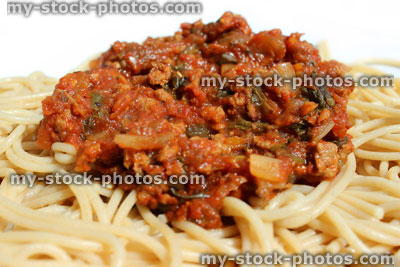 Stock image of spaghetti bolognese, traditional Italian cuisine, pasta, mincemeat, tomato sauce