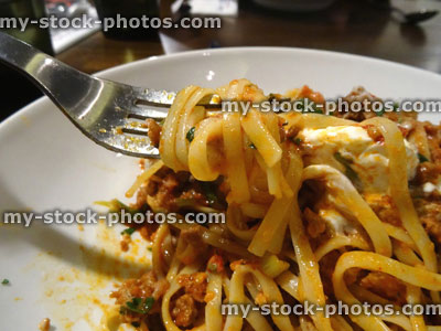 Stock image of pappardelle / tagliatelle pasta ribbons, tomato ragu sauce, bolognese mince meat