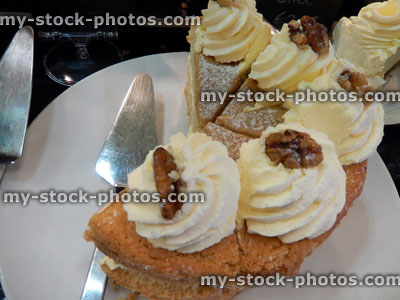 Stock image of freshly baked coffee cake, whipped fresh cream / walnuts