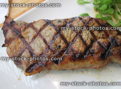 Stock image of griddled 8oz sirloin steak, watercress salad, griddle lines, beef steak