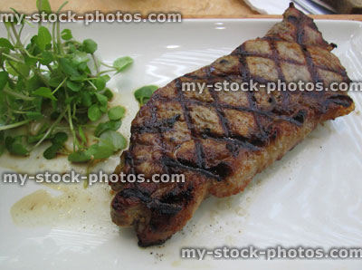Stock image of griddled 8oz sirloin steak, watercress salad, griddle lines, beef steak