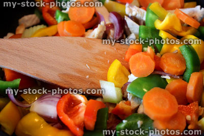 Stock image of stir fry being cooked, peppers, onions, chicken, carrots