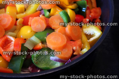 Stock image of chicken stir fry being cooked, bell peppers, onions, celery, carrots