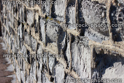 Stock image of new cement pointing on grey stone brick wall