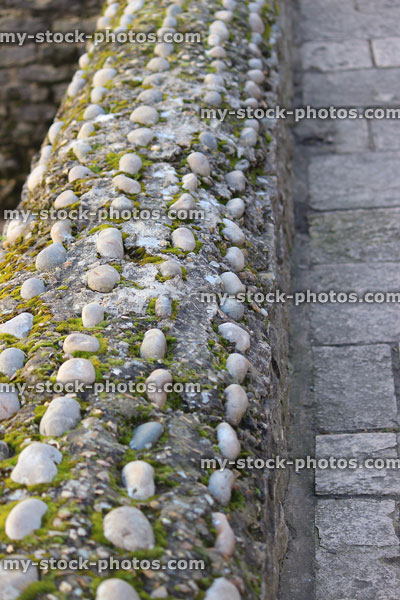 Stock image of seaside stone wall topped with concrete, pebbles, moss