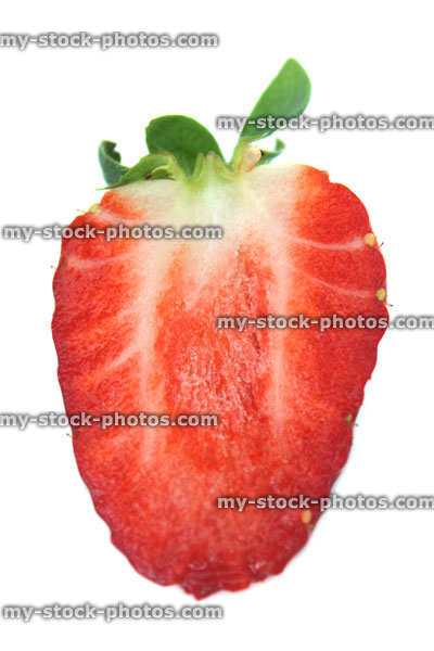 Stock image of strawberry sliced in half, dissected to show flesh