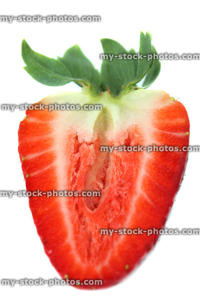 Stock image of strawberry cut in half, dissected / halved, inner flesh