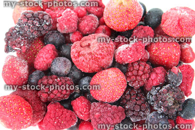 Stock image of frozen summer fruit, strawberries, blackberries, raspberries, blueberries
