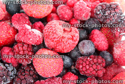 Stock image of frozen summer fruit and berries, strawberries, raspberries, blueberries