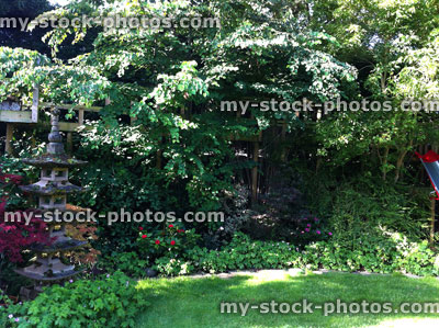 Stock image of shady domestic Japanese garden with oriental features, pagoda