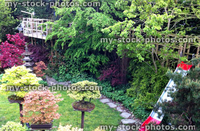 Stock image of ornamental domestic garden with bonsai trees, lanterns, slide