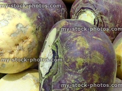 Stock image of freshly dug swedes (rutabaga / Swedish turnip), supermarket, fruit / vegetable shop, greengrocer