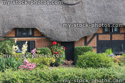 Stock image of thatched cottage window and garden, diagonal lead windows