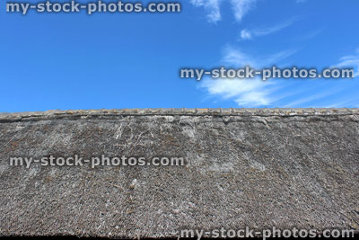 Stock image of thatched roof covered with chicken wire, against blue sky