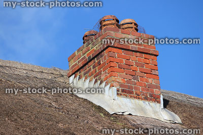 Stock image of red brick chimney pots on thatched cottage roof, chicken wire