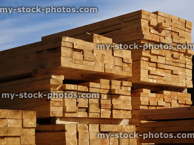 Stock image of lumber / timber yard, piles of wood planks / beams