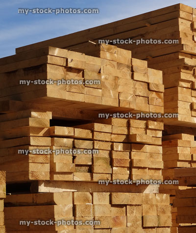 Stock image of lumber / timber yard, piles of wooden planks / wood