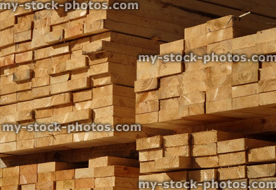 Stock image of lumber / timber yard, piles of wood planks / cut edges