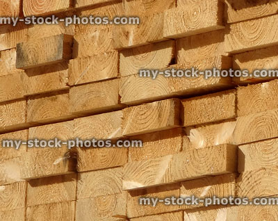 Stock image of woodgrain on ends of timber planks, lumber yard wood
