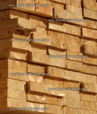 Stock image of thick softwood / wood timber planks at lumber yard sawmill