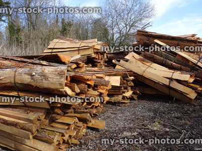 Stock image of split logs at lumber yard / timberyard piles of softwood