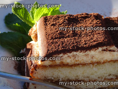 Stock image of layered coffee tiramisu cake with chocolate, mint sprig