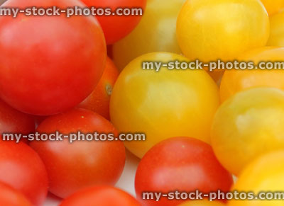 Stock image of small yellow and red cherry tomatoes (Solanum lycopersicum), health benefits