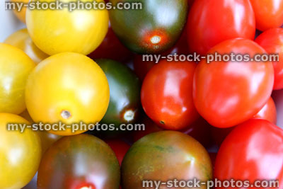 Stock image of small different coloured cherry tomatoes, red, green, yellow