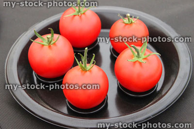 Stock image of prize winning red tomatoes at agricultural show exhibition, plate