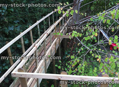 Stock image of wooden tree top walkway / treehouse