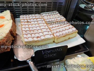Stock image of vanilla slices, indulgent dessert, fresh cream cakes