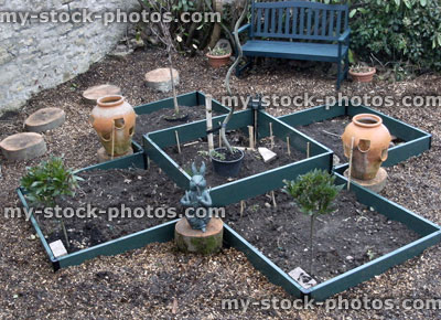 Stock image of green plastic raised vegetable garden bed