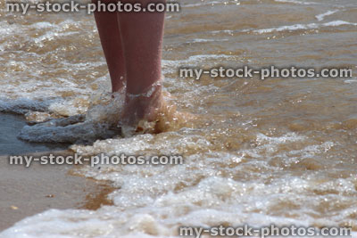 Stock image of girl paddling in sea waves, legs, water, barefoot, seaside beach