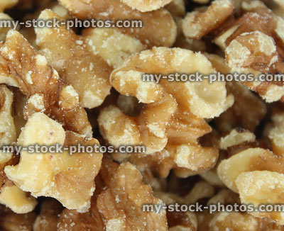 Stock image of shelled walnuts / nuts close up, healthy food snack, health benefits