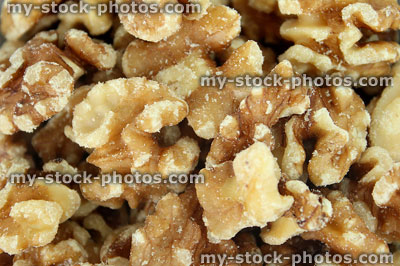 Stock image of shelled walnuts / nuts, healthy food snack with health benefits