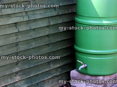 Stock image of green plastic water butt next to garden shed 