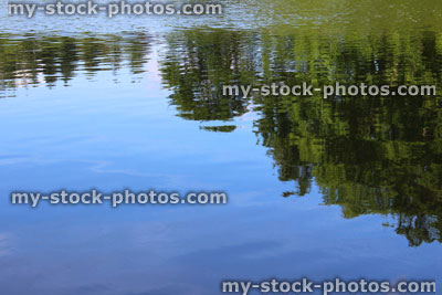 Stock image of water ripples on pond surface, sky / tree reflections