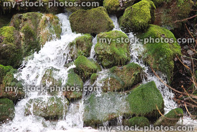 Stock image of natural rocky waterfall cascading into river, mossy rocks