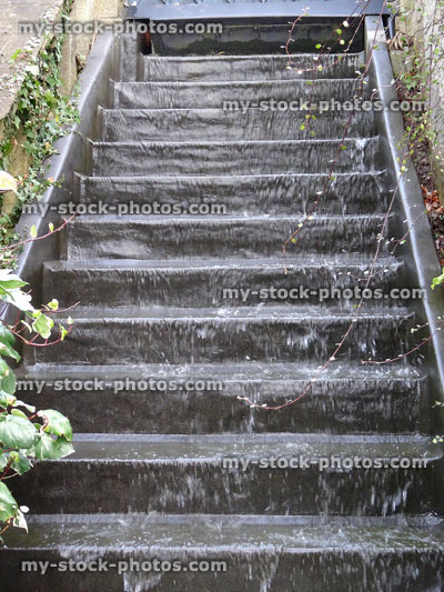 Stock image of fibreglass waterfall staircase, cascading water feature, waterproofed steps