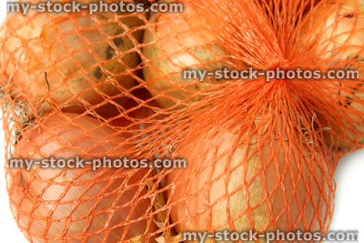 Stock image of dried white onions, white background, string bag / net bag